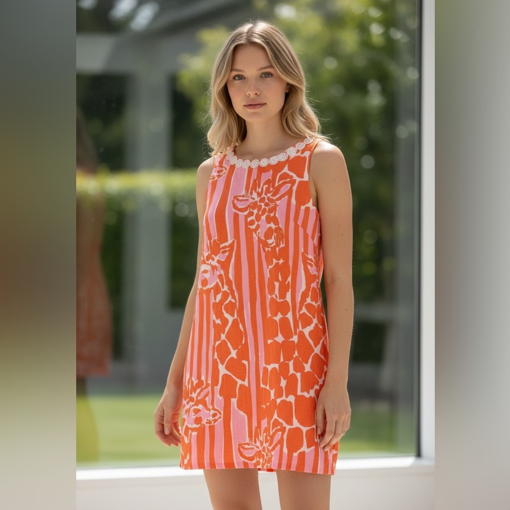 Lilly Pulitzer for Target Pink/Orange Linen Giraffe Print Shift Dress Size 4